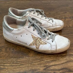 Golden Goose White Leather Distressed Gold Glitter Superstar Sneaker 37
